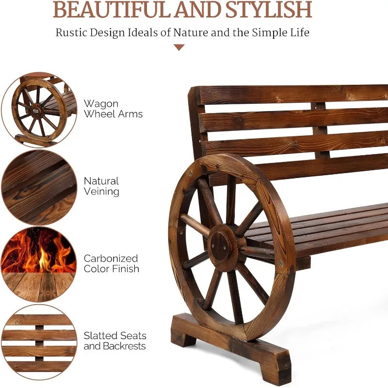 41 Inch Rustic Wooden Wheel Bench Outdoor 2 Person Patio Bench Wagon Slatted Seat Garden Benches High Capacity 350lbs
