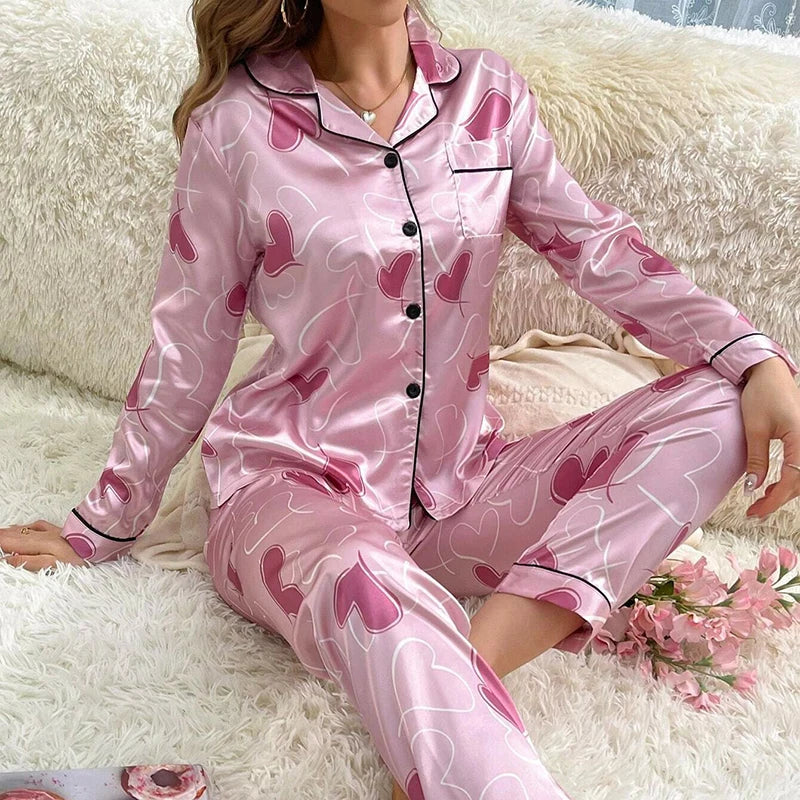 Women Satin Pajama Set Long Sleeve Button Up Nightwear Loungewear