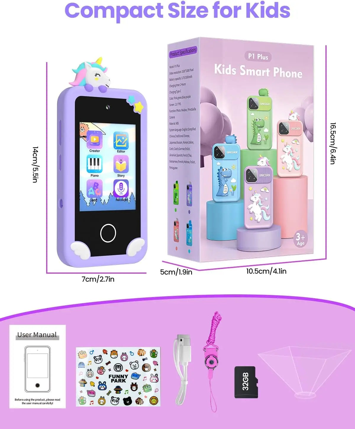 Kids Girl Smartphone with 32G Card and Dual Camera Purple