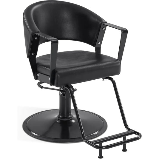 Hydraulic Salon Chair, 360° Swivel Classic Modern Hair Styling Barber Chair, All Black Curved Wooden Hair Cutting Salon Beauty