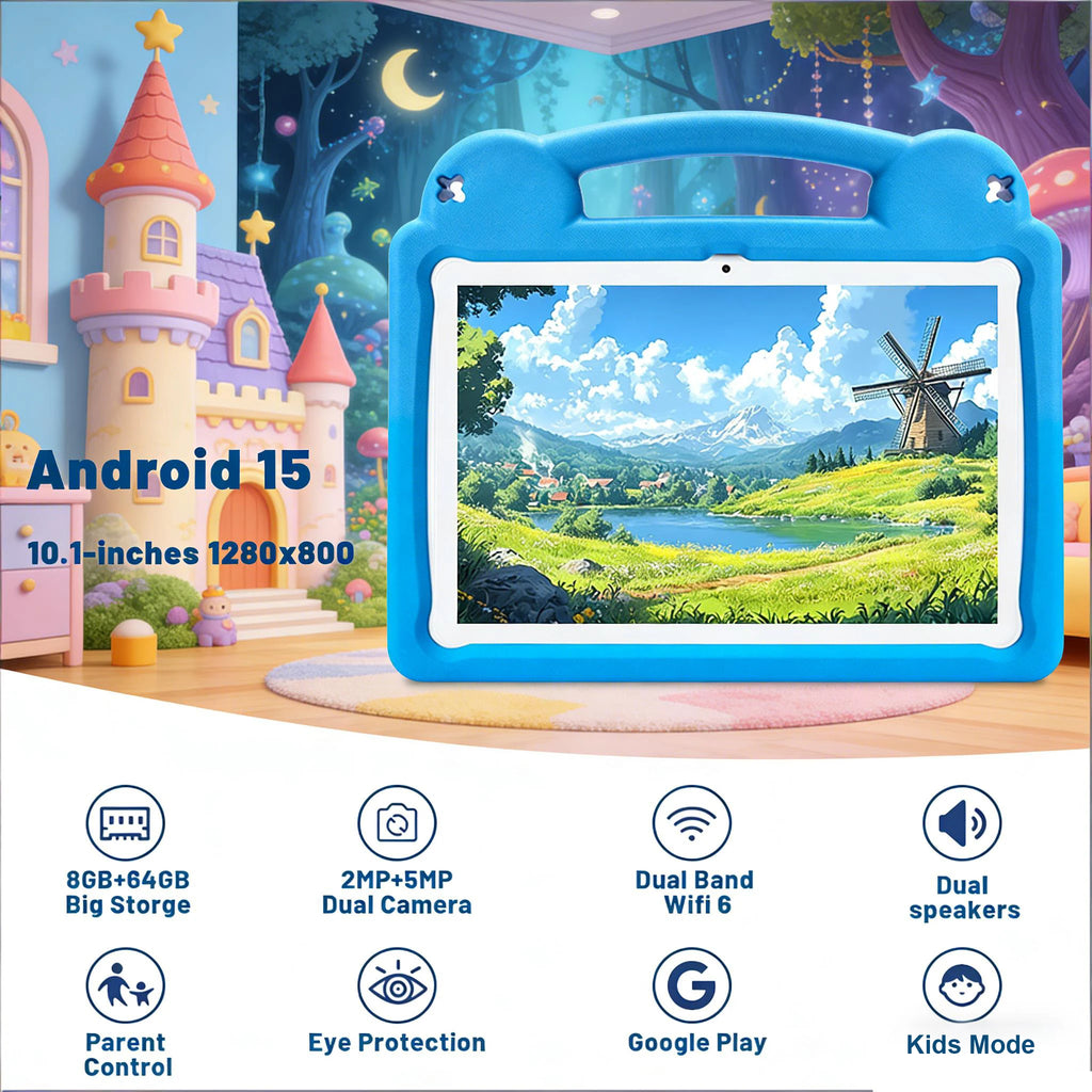 Anry R16Pro Kids Tablet 10 Inch Android 15 64GB ROM 8GB RAM Dual Camera