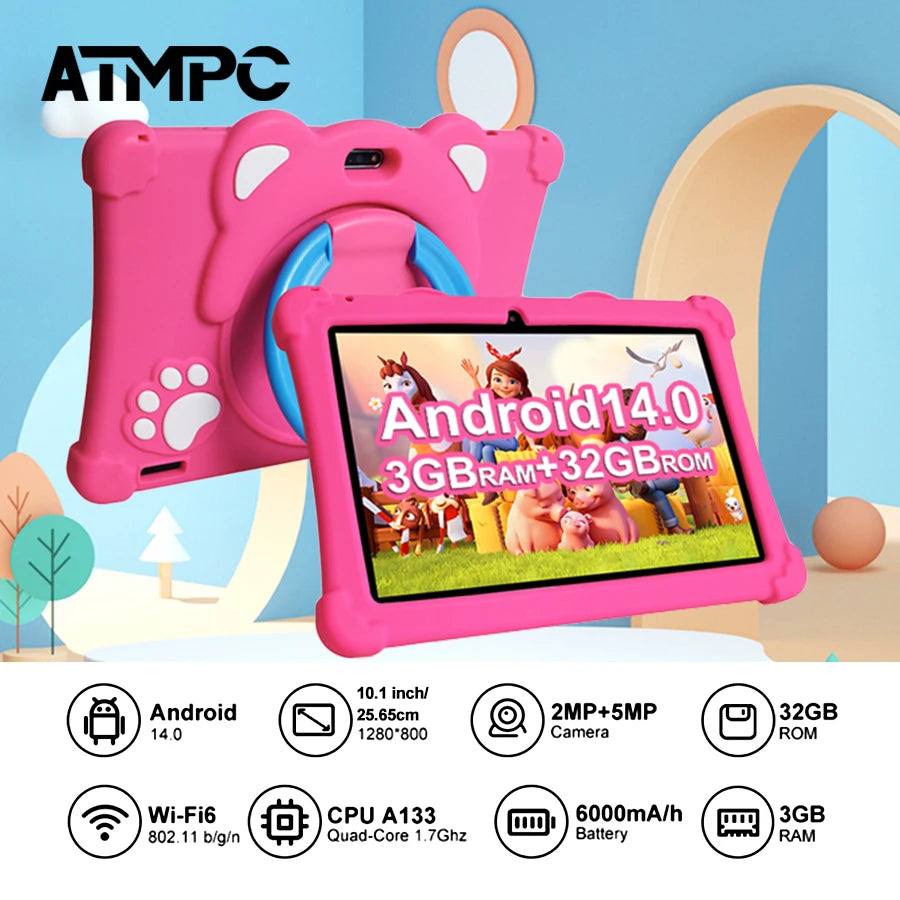 ATMPC Kids Tablet PC 10.1 Inch Android 14 with 6GB RAM