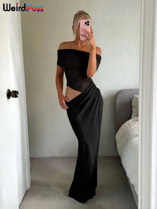 Weird Puss Ruched Irregular Mesh Patchwork Dress for Women