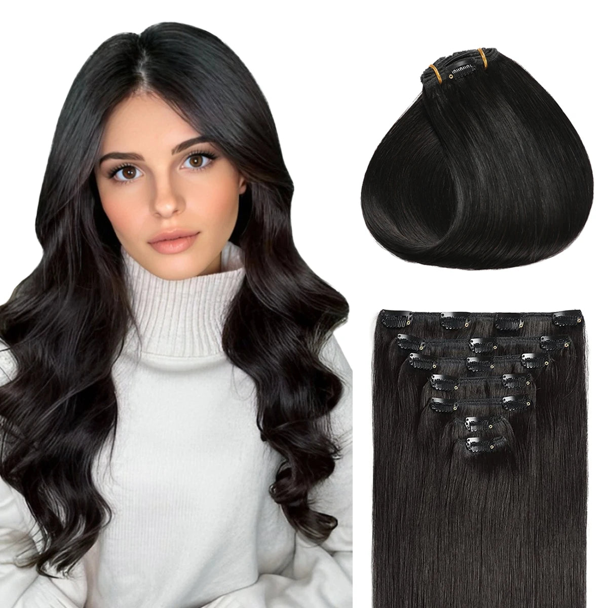 1B Natural Black Premium Real Human Hair Clip-in Extensions