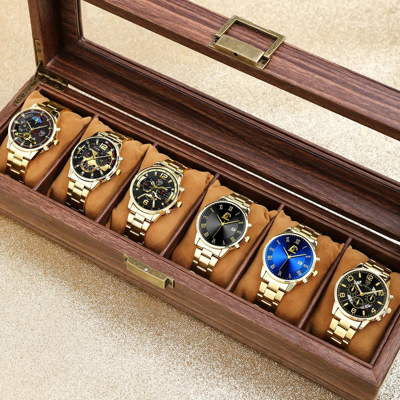 Six Piece Golden Business Casual Quartz Watches Set For Men Alloy Case