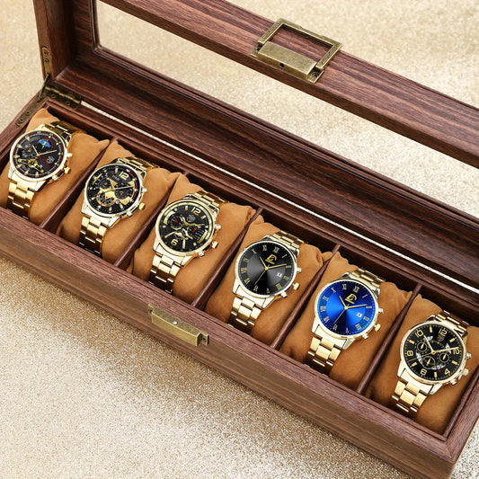 Six Piece Golden Business Casual Quartz Watches Set For Men Alloy Case
