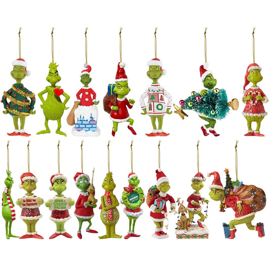 18Pcs 2D Acrylic Green Monster Christmas Tree Ornaments Cute Cartoon Pendants Decorations