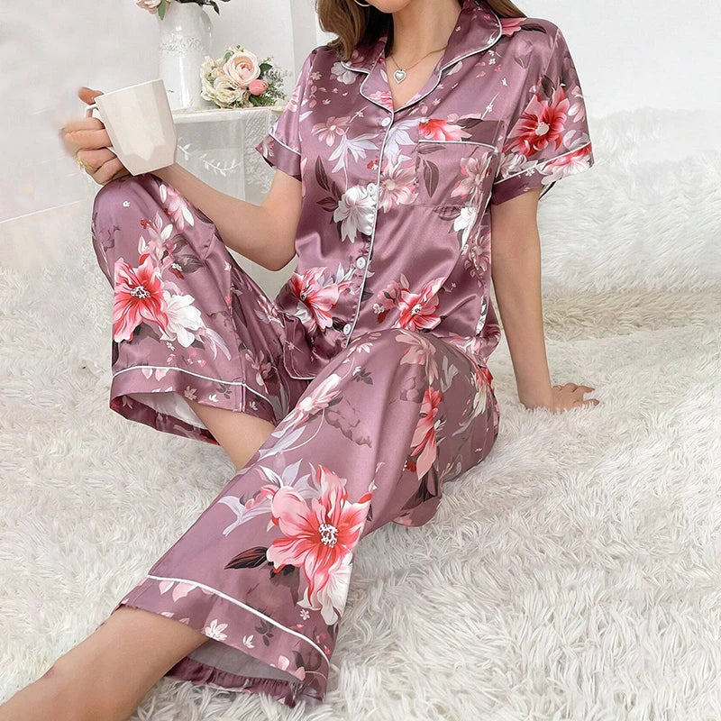 Women Satin Pajama Set Long Sleeve Button Up Nightwear Loungewear