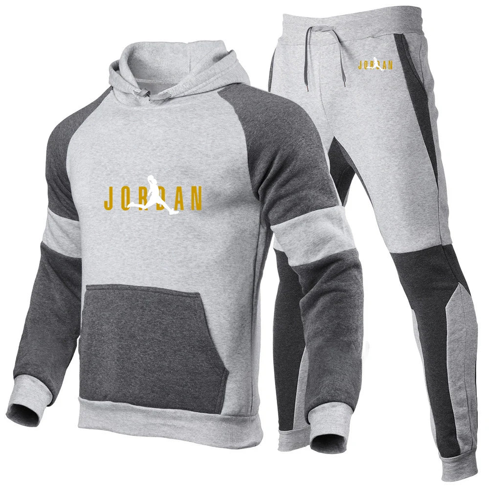 Men's Patchwork Print Basketball Hoodie And Trouser Set Spring Autumn Harajuku