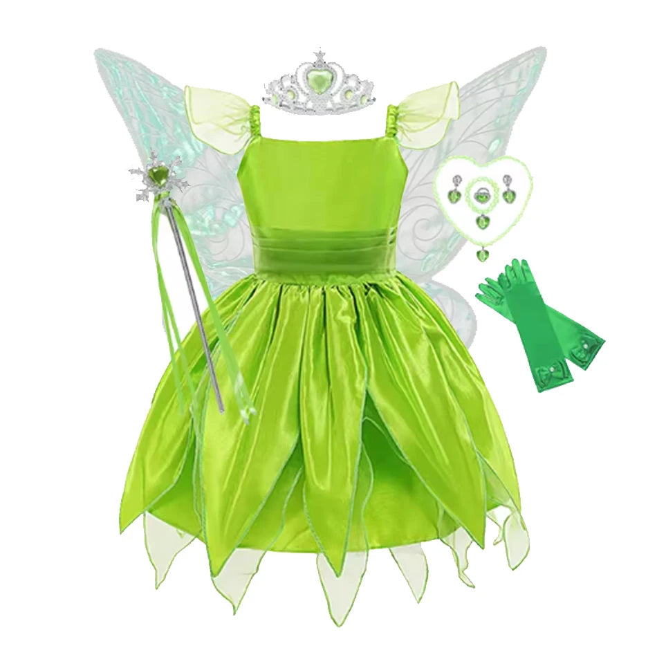 Disney Girls Tinker Bell Costume Halloween Costume for Kids Green Tinkerbell Fancy Dress Fairy Princess Cosplay Carnival Party