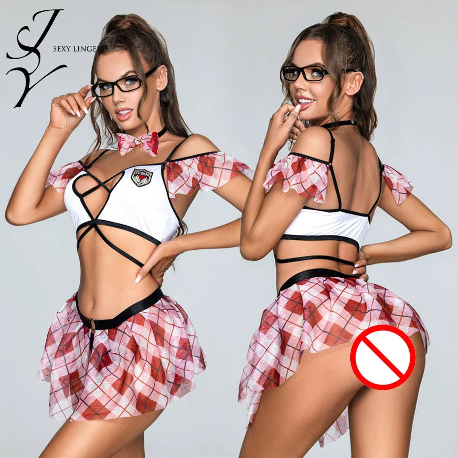 JSY Sexy School Girl Uniform Cosplay Lingerie Women Underwear Black Leather Dress Babydoll Nightgown Belt Sexy Role Play Outfit