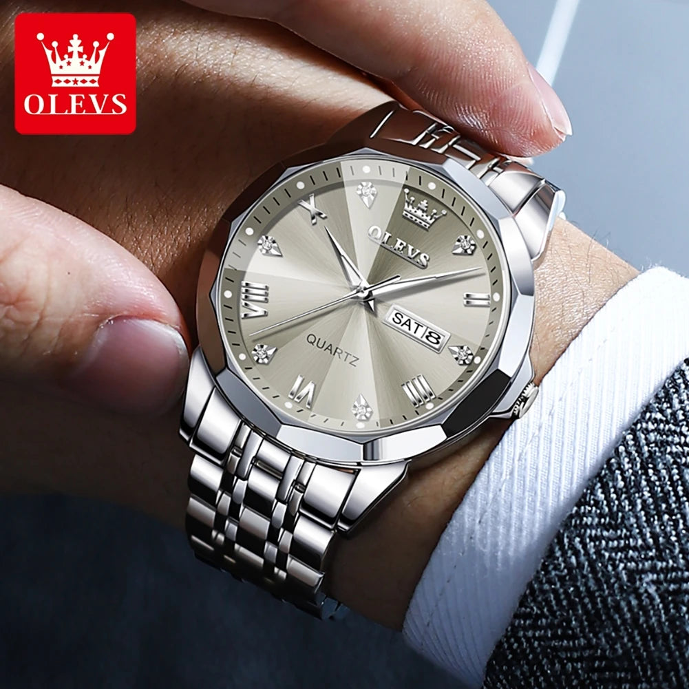 OLEVS Mens Quartz Watch Waterproof Stainless Steel Luminous Dial Date Week Dress