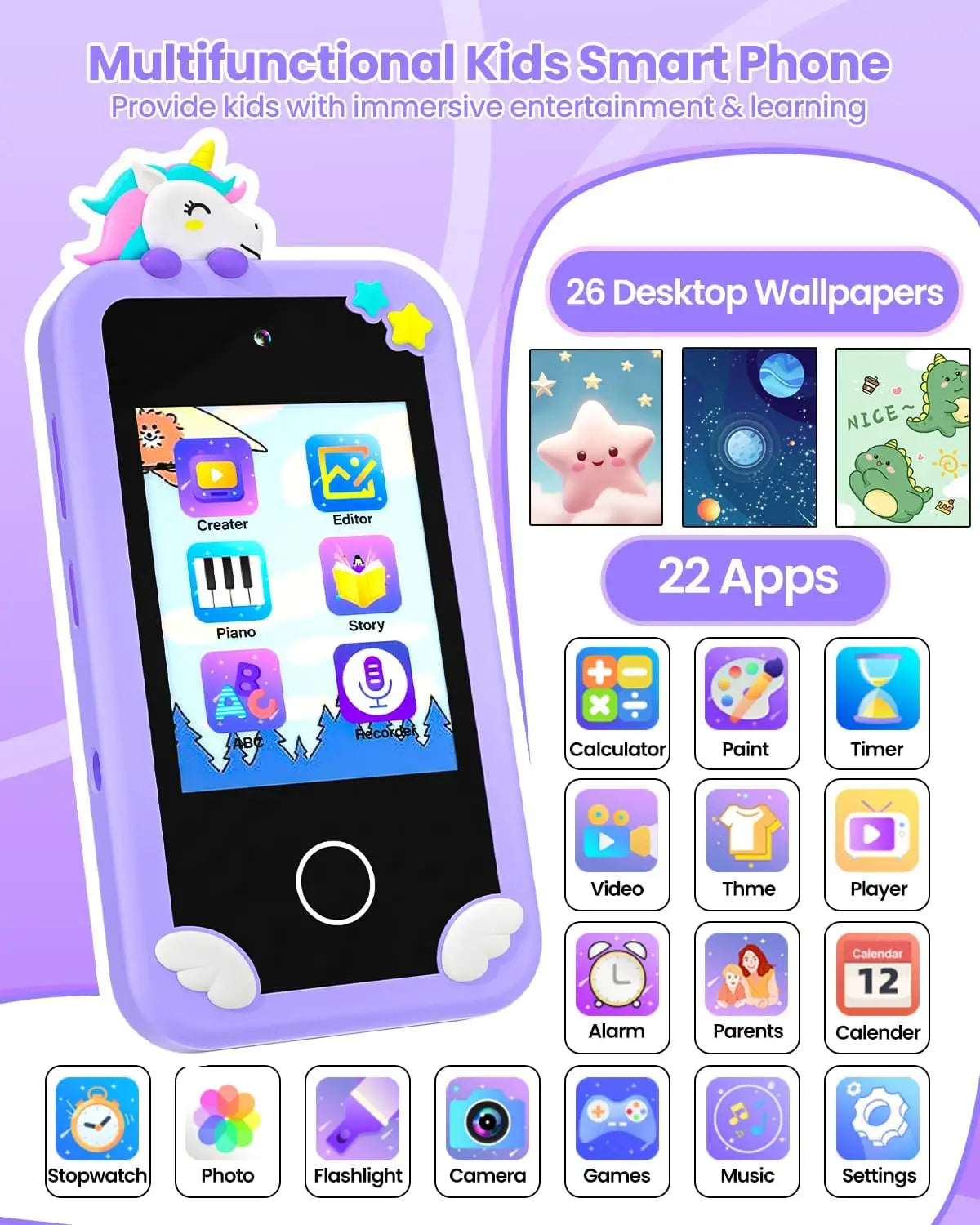 Kids Girl Smartphone with 32G Card and Dual Camera Purple