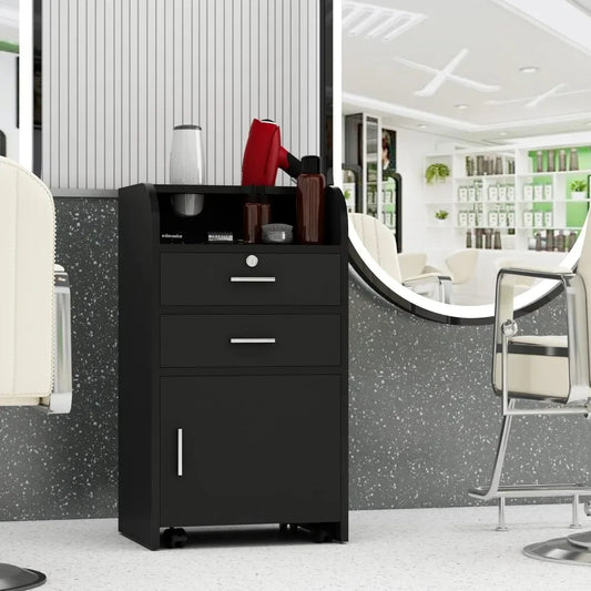 Beauty Salon/Barber Storage Cabinet Station with Locking Drawer and 4 Wheels, Hair Stylist Station with 2 Hair Dryer Holders