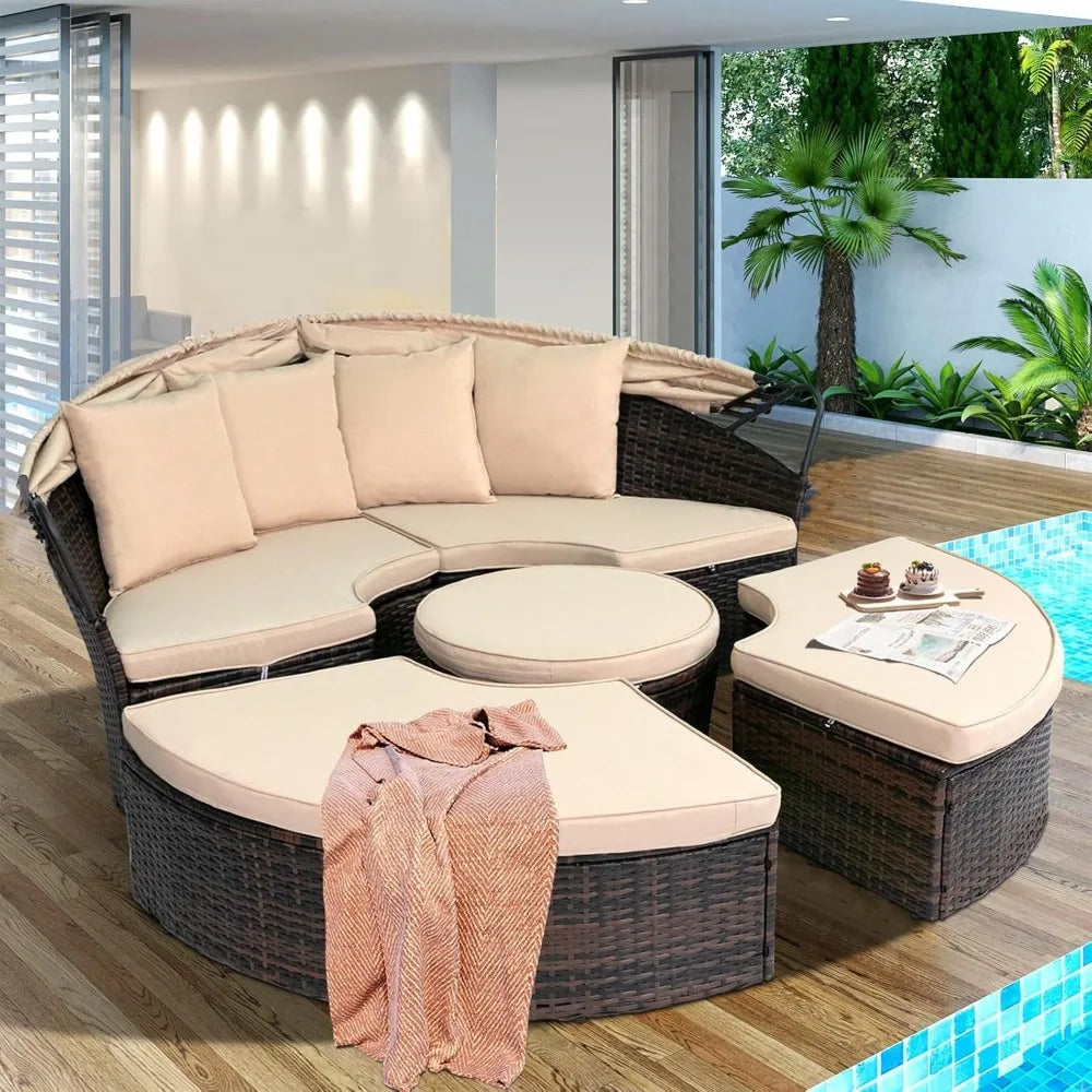 DAFIFY Outdoor Daybed Set With Retractable Canopy Wicker Rattan 5 Pieces