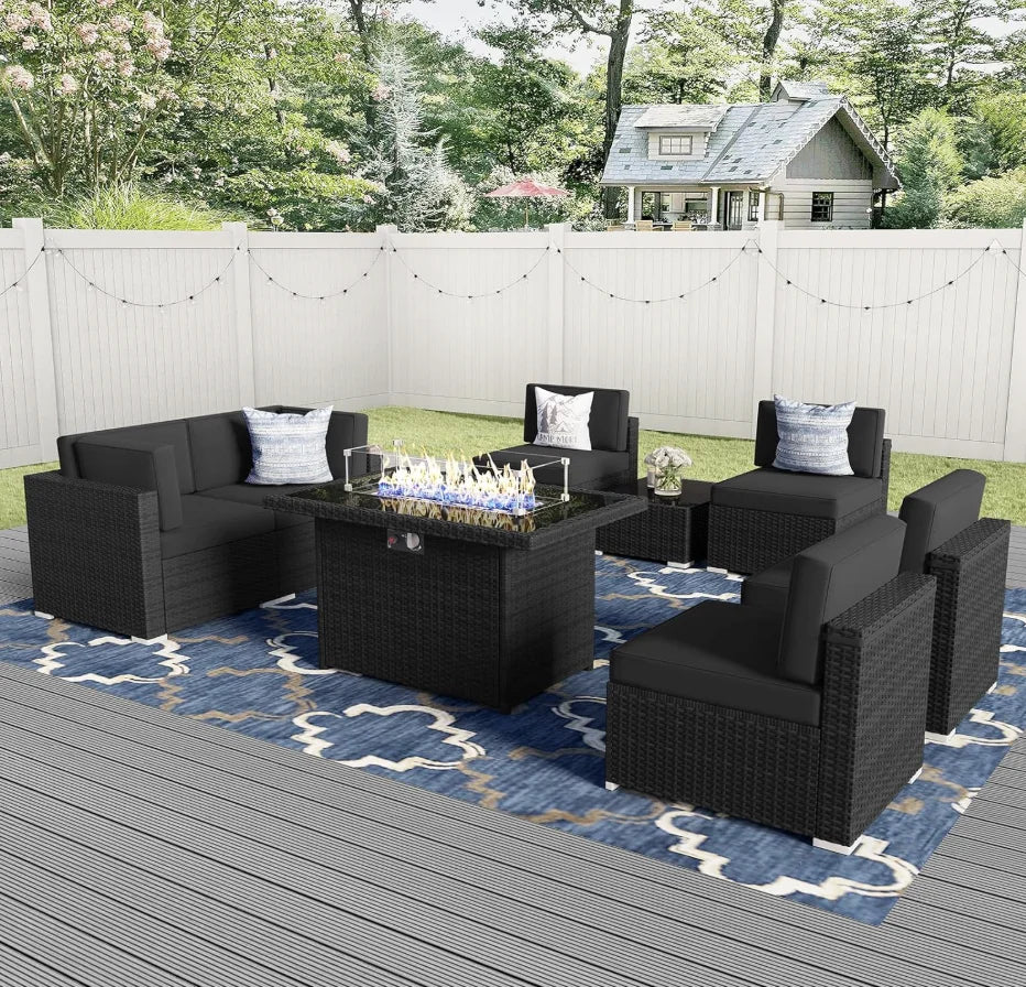 8 Piece Patio Set With 44 Inch Propane Fire Pit Table Wicker Sectional Sofa