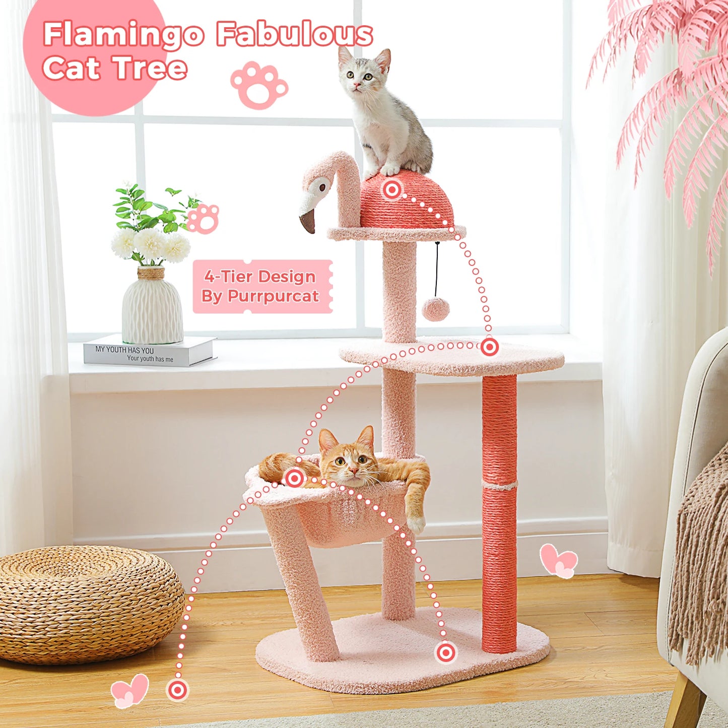 Multi-Level Flamingo Cat Tree with Scratching Posts, Hammock, Perch, Cute Cat Tower, Indoor Pink Cat Scratcher, Kittens Toys
