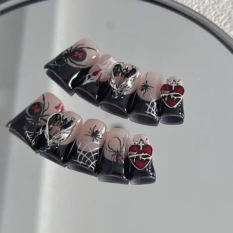 10pcs Sliver Spider Design Fake Nail Halloween Gothic Punk False Nail Tips Wearable Black Metal Duck Shaped FrenchPress on Nails