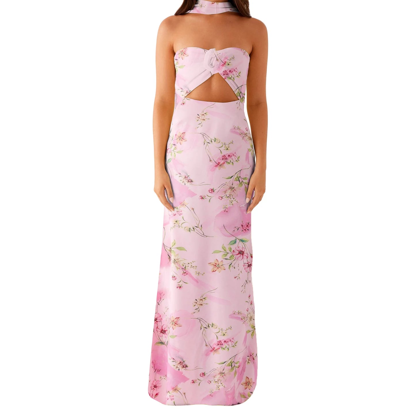 Womens Floral Bandeau Maxi Dress With Cutout And Scarf