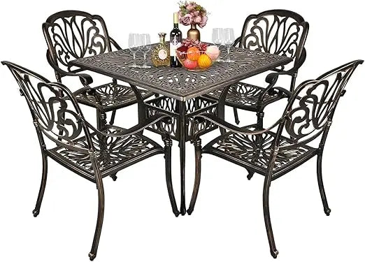 5 Pieces Outdoor Patio Dining Set, Cast Aluminium Patio Furniture Set with 4 Chairs and 1 Umbrella Table for Yard, Garden, Porc
