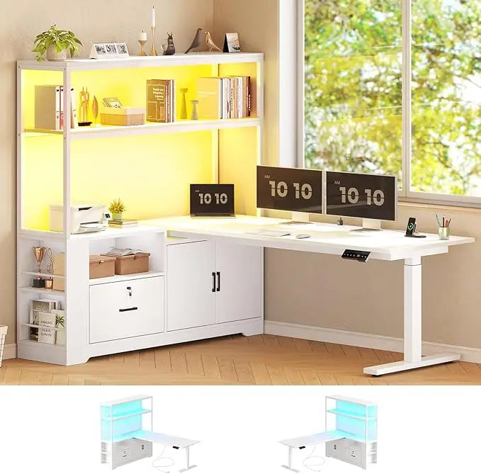 Corner L Shaped Standing Desk With Drawers Hutch LED Lights Power Outlets