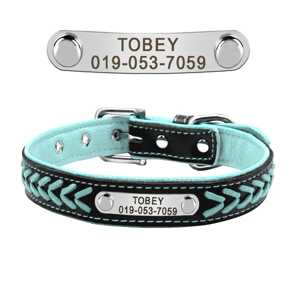 Personalized Dog Collar Leather Padded Braided Collars Free Engraving Pet ID Tag for Small Medium Large Dogs