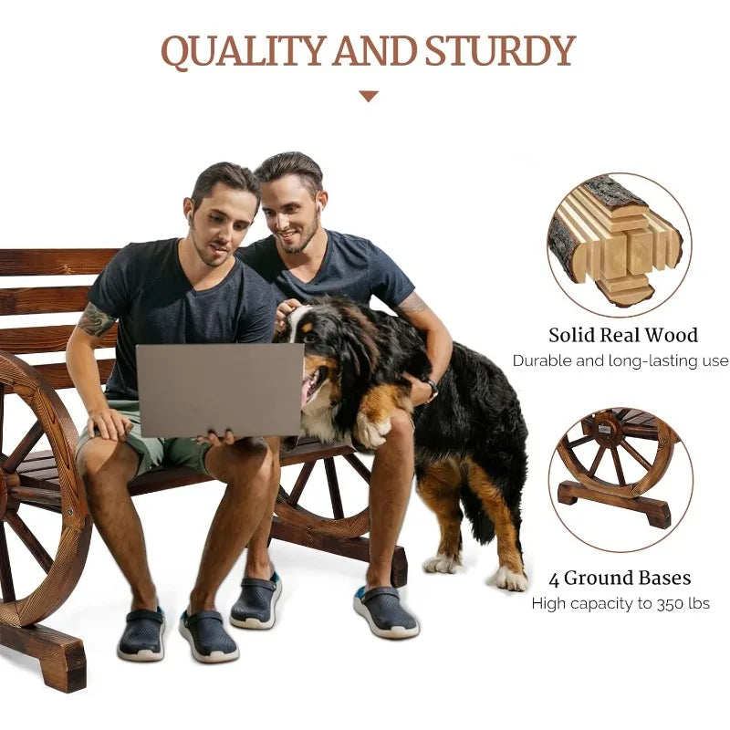 41 Inch Rustic Wooden Wheel Bench Outdoor 2 Person Patio Bench Wagon Slatted Seat Garden Benches High Capacity 350lbs
