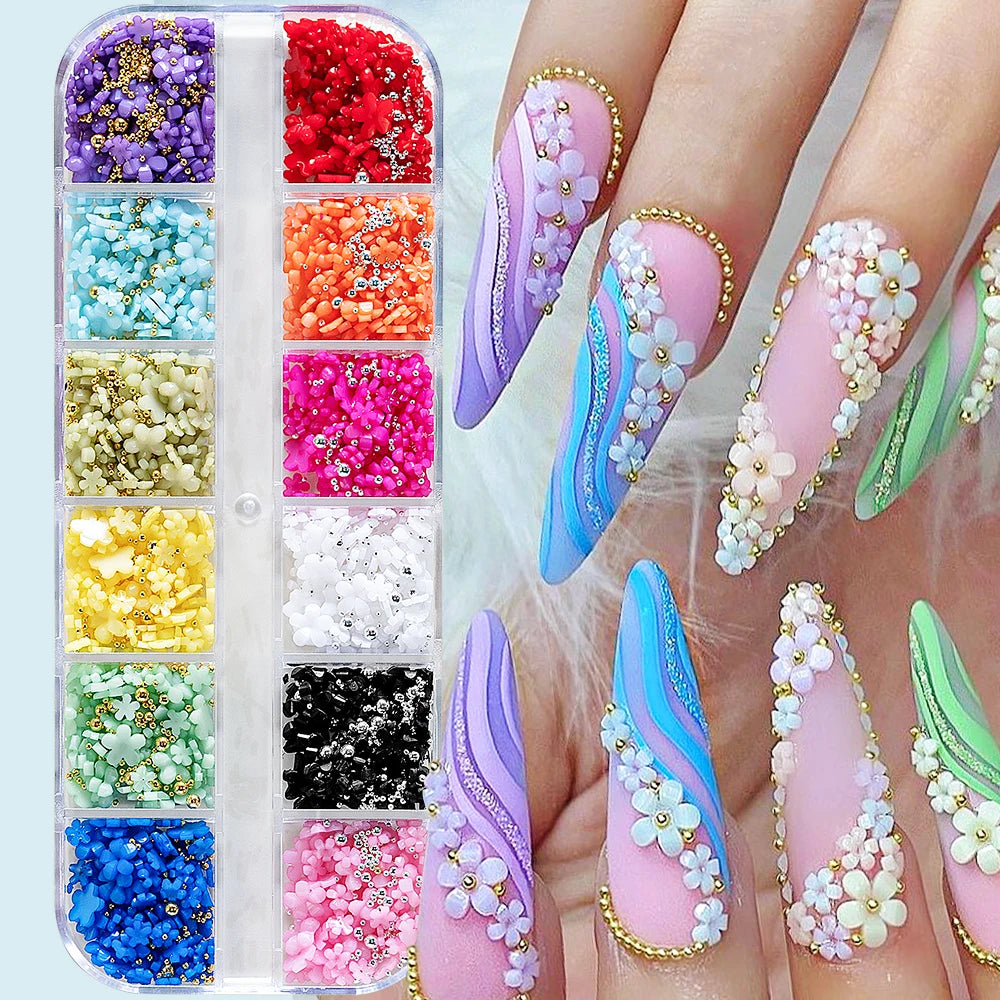 12Grids Colorful Acrylic Flower Nail Charms 1000 Mini Resin