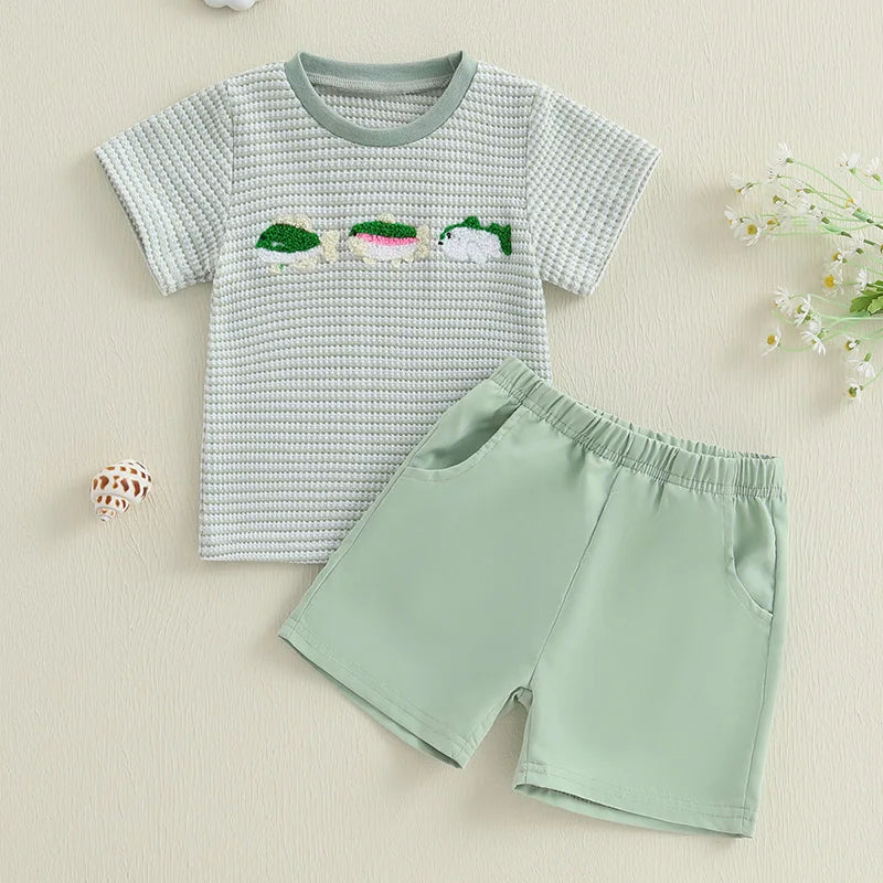 Infant Boy Outfit Set with Cute Animal Embroidery Tee and Stylish Plaid Shorts Summer 2 Piece Set
