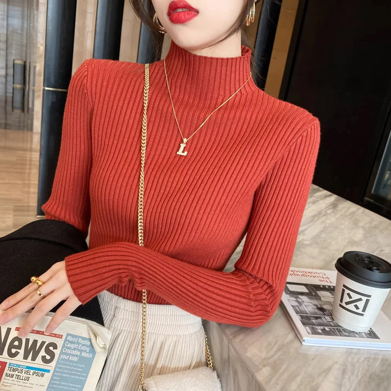 Winter Mock Neck Long Sleeve Knit Sweater For Women Slim Fit