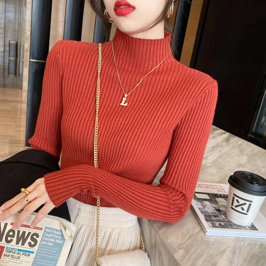 Winter Mock Neck Long Sleeve Knit Sweater For Women Slim Fit