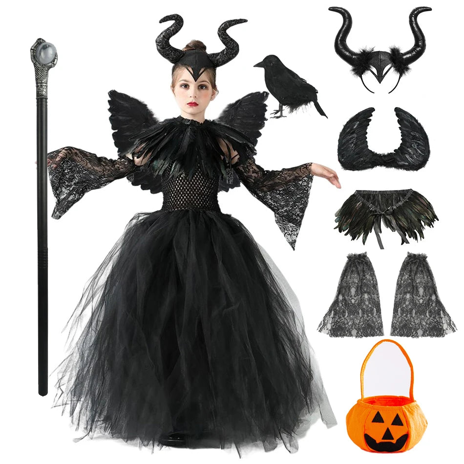 Halloween Costume Fashion Tutu Dress For Girls Cosplay Evil Queen Black Mesh Princess Dress Kids Crow Wand Demon Witch Gown
