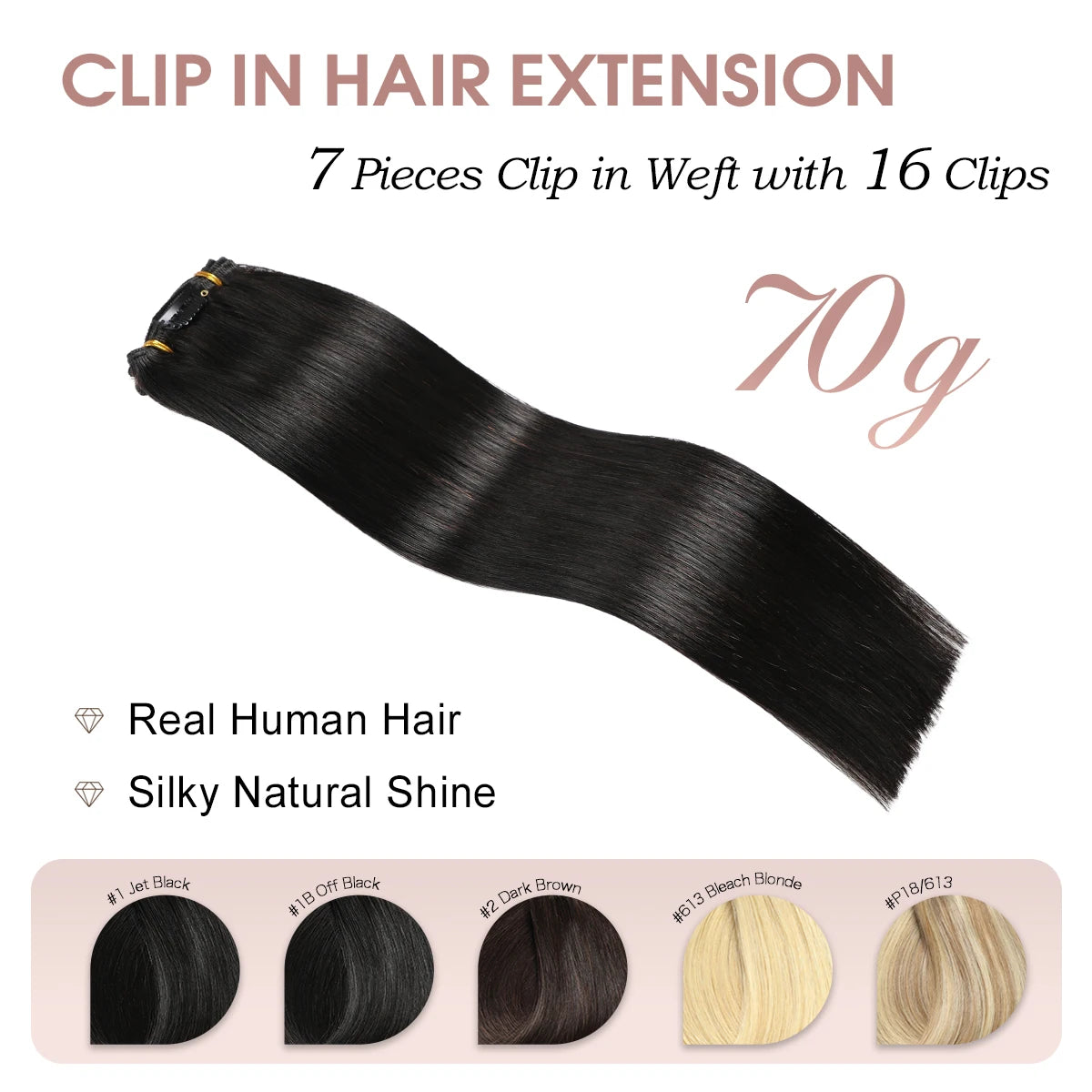 1B Natural Black Premium Real Human Hair Clip-in Extensions