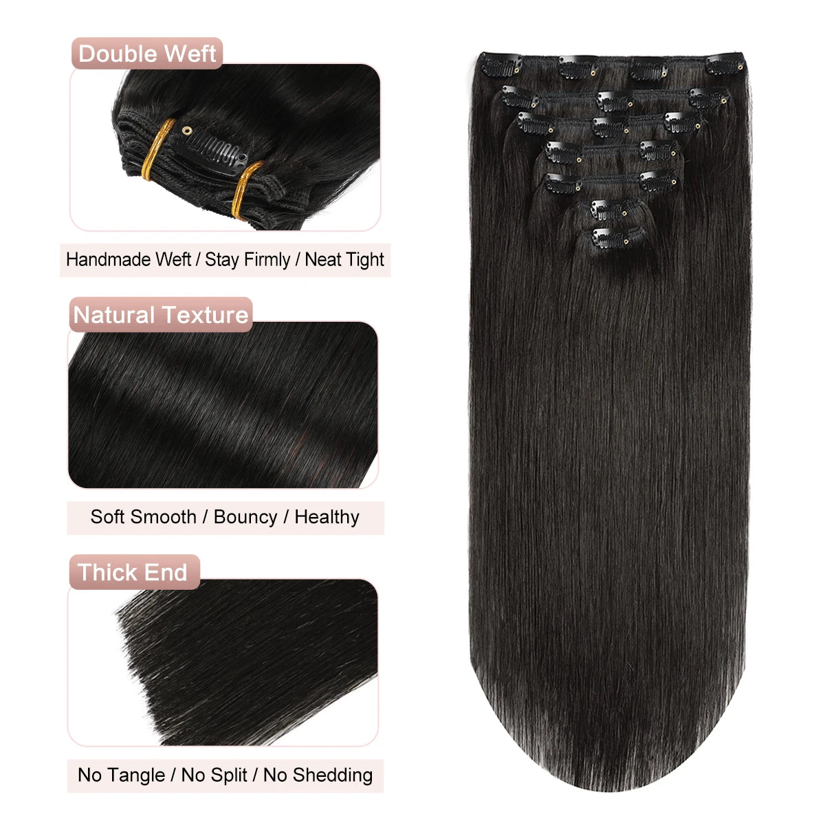 1B Natural Black Premium Real Human Hair Clip-in Extensions