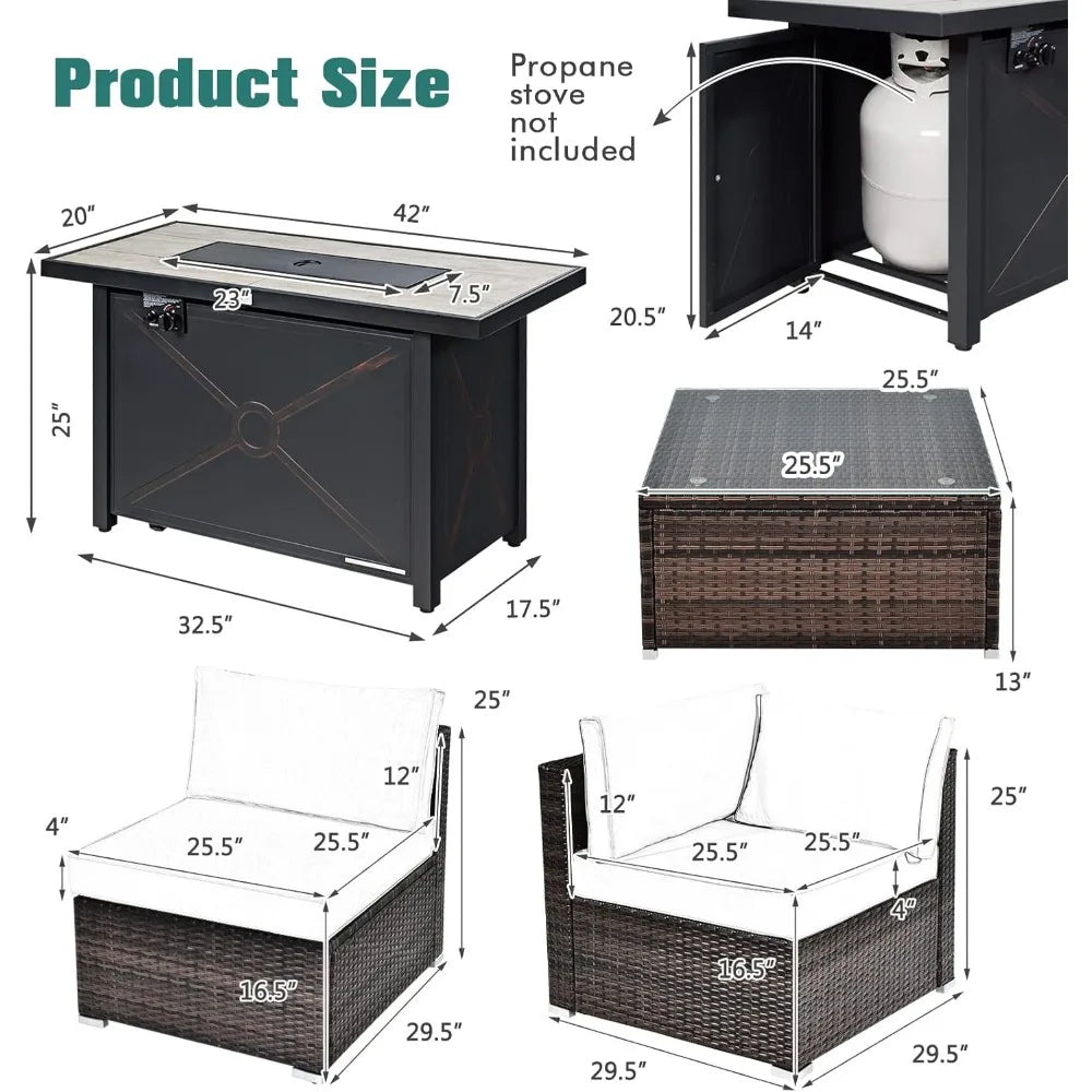 7 Piece Patio Set With Fire Pit Table 42 Inch 60,000 BTU Propane