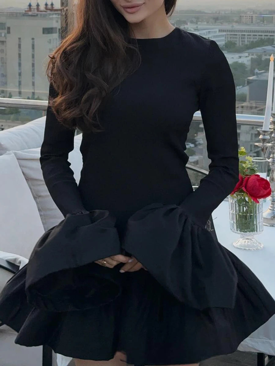 Elegant Velvet Dress for Women Long Sleeve with Ruffles Hem