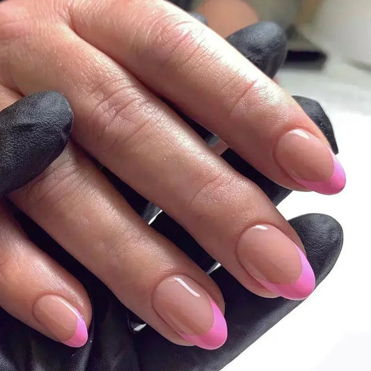 24 Pcs Almond Shape French False Nails with Glue Press On White Edge Design Simple Wearable Pink Stiletto Nail Tips