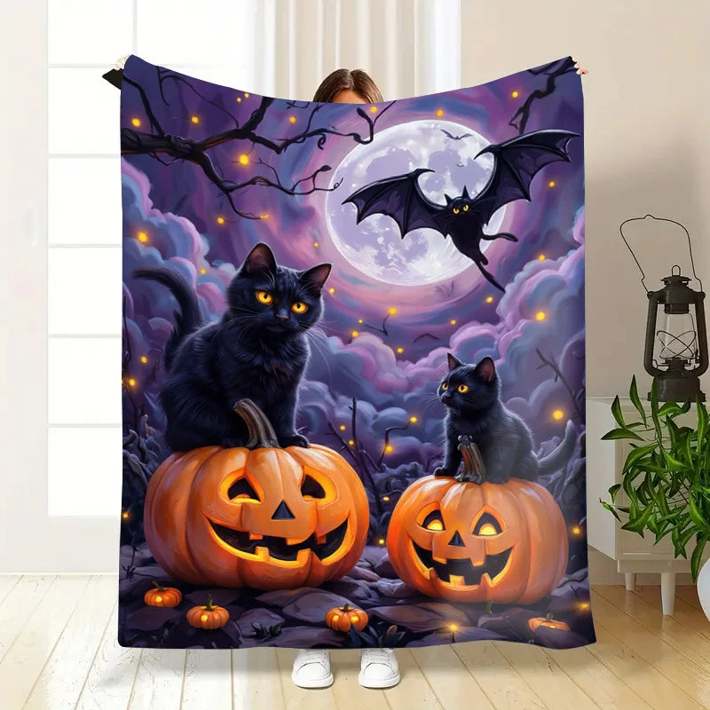 Halloween Pumpkin Cats And Bat Cozy Flannel Baby Blanket