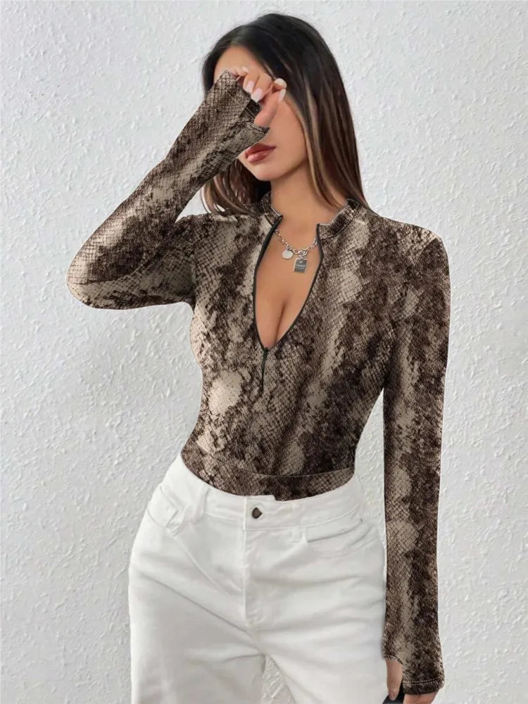 Leopard Print Bodysuit Women Zipper V Neck Bodycon Jumpsuit
