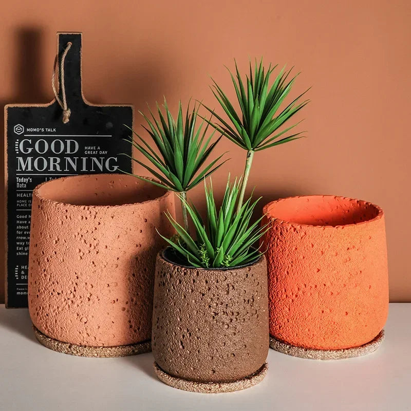Nordic Cement Flower Pot With Tray Creative Mountain Stone Design