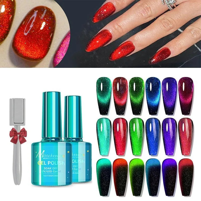 Cat Eye Gel Nail Polish Set 6 Colors With Magnet Holographic Glitter