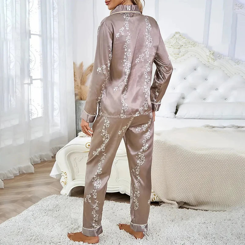 Women Satin Pajama Set Long Sleeve Button Up Nightwear Loungewear
