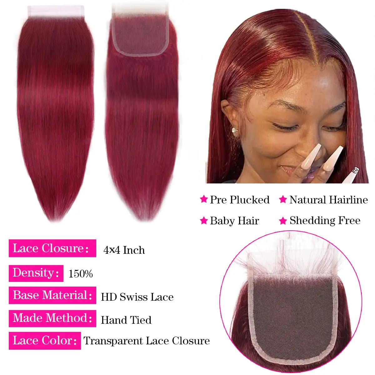 Burgundy 99J Human Hair Bundles With 4x4 Closure 12A Straight Burmese Remy Weft