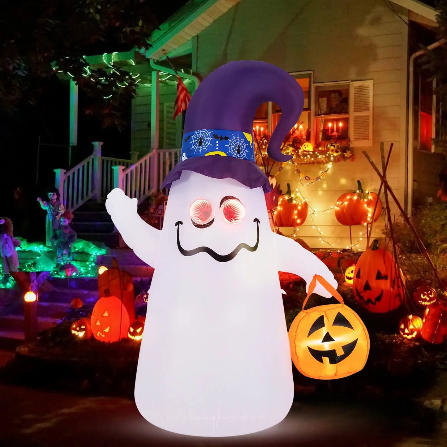 Six Foot Halloween Inflatable Ghost With Witch Hat Cute