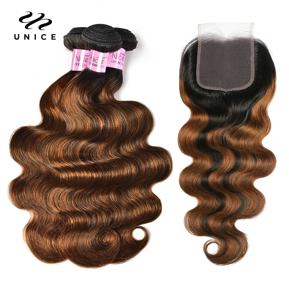 Unice Hair Balayage Body Wave Human Hair Bundles 3 Pieces With 4x4 Lace Closure 250 Density Highlight Bundles