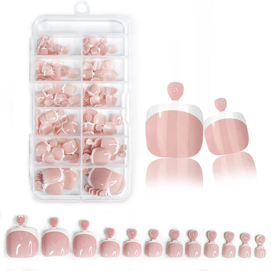 120pcs Glossy Press-On Toe Nails French White Nude Pink