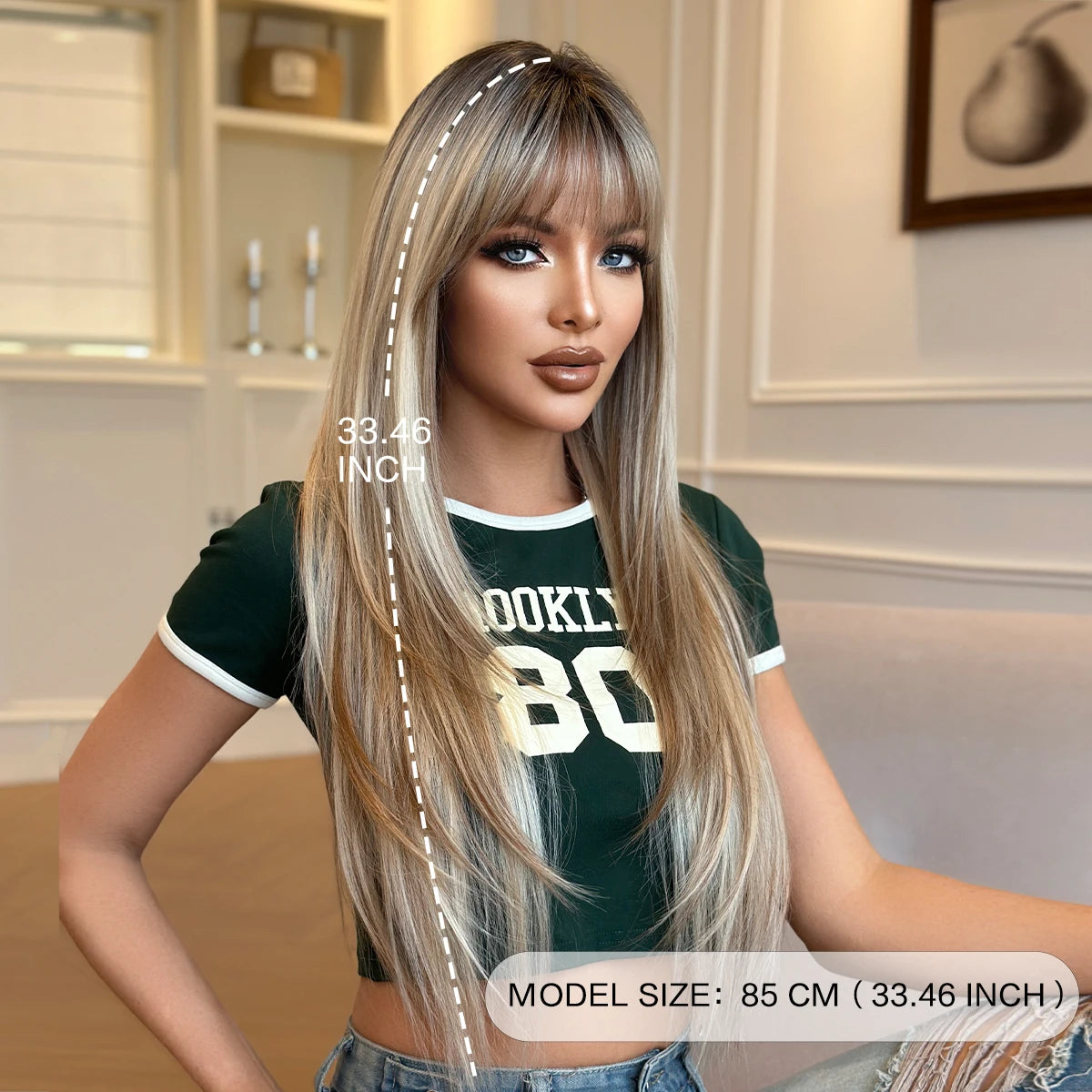 Long Straight Blonde Wig 150 Density Average Cap Size Dark Roots Heat Resistant