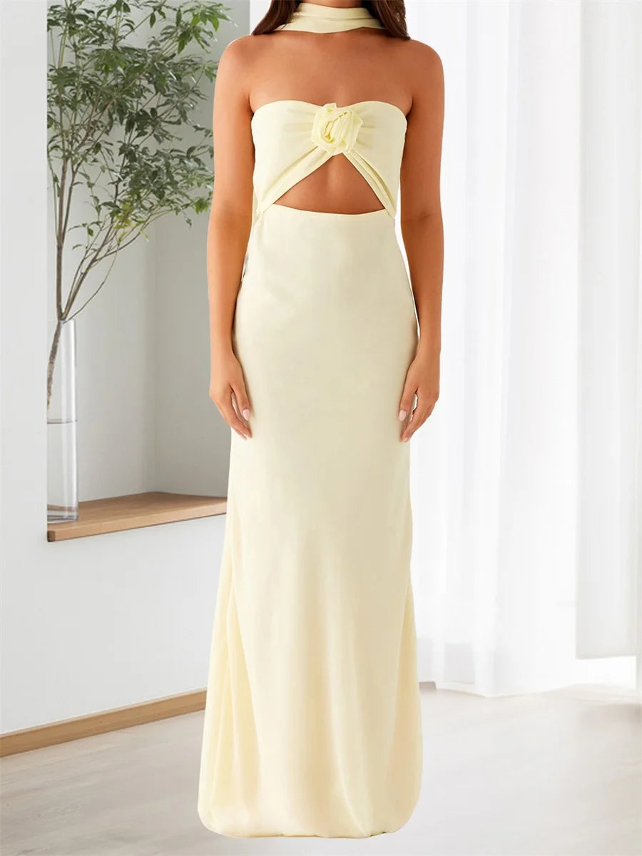 Womens Floral Bandeau Maxi Dress With Cutout And Scarf