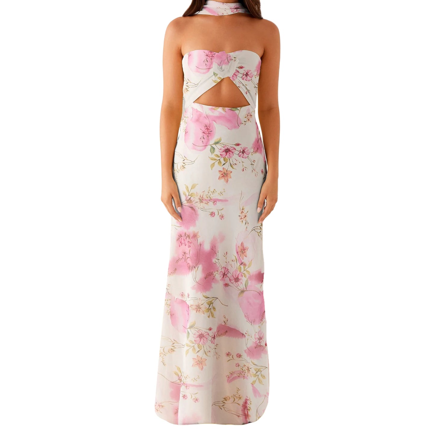 Womens Floral Bandeau Maxi Dress With Cutout And Scarf