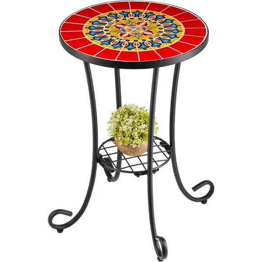 Patio Side Table and Plant Stand 21 Inch End Table with 14 Inch Ceramic Tile Top for Porch Garden Decor Indoor and Outdoor Use